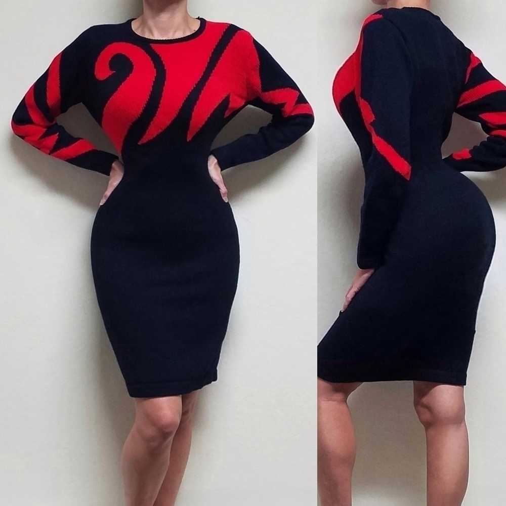 VINTAGE 90s John Richard Navy Blue Knit Red Chenille Avant Garde Sweater Dress